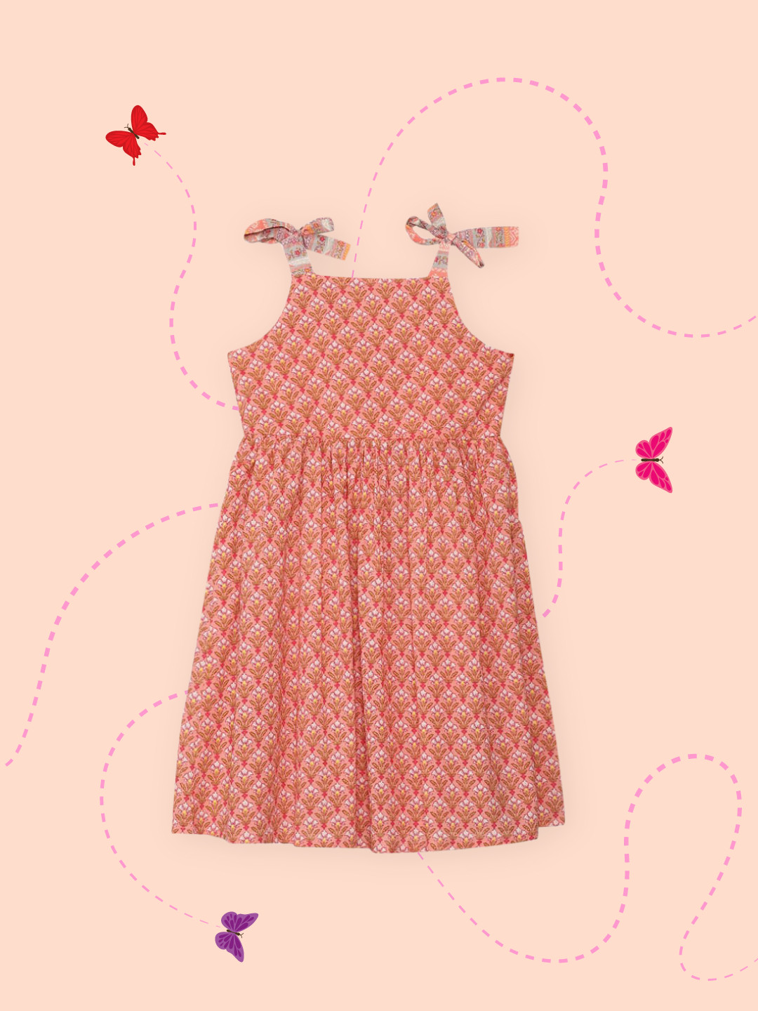 Biba Peach & White Ethnic Motifs A-Line Dress