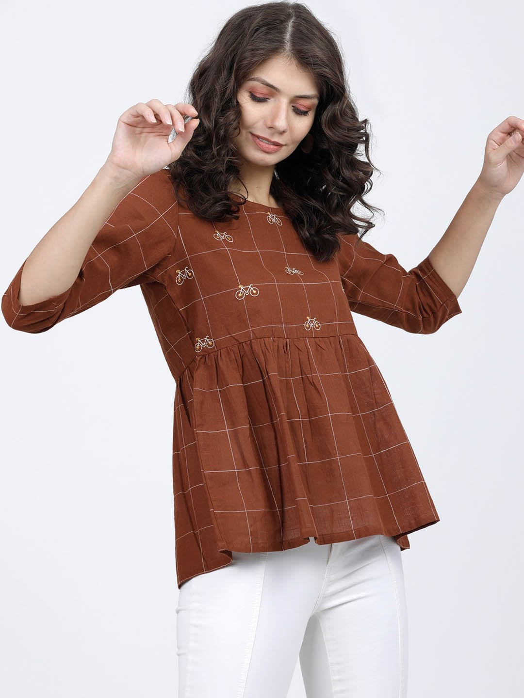Vishudh Brown Checked Peplum Top