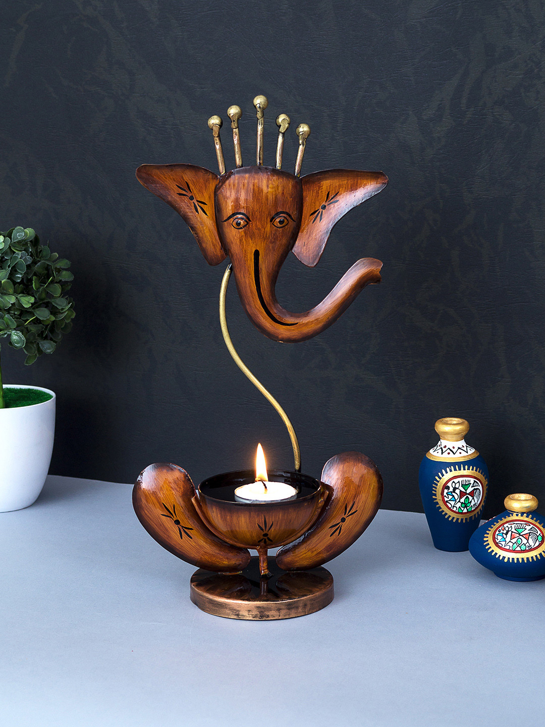 Golden Peacock Brown Handcrafted & Handpainted Ganesha Tea Light Candle Holder