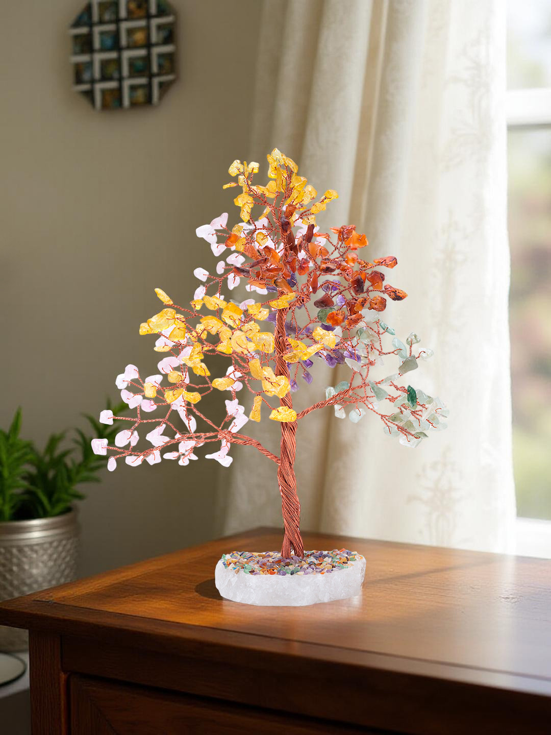 Golden Peacock Yellow & Copper-Toned Handcrafted Crystal Stone Wish Tree Showpiece