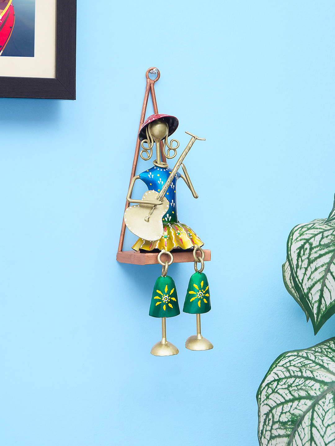 Golden Peacock Gold-Toned & Blue Handpainted Musician Doll Wall Decor