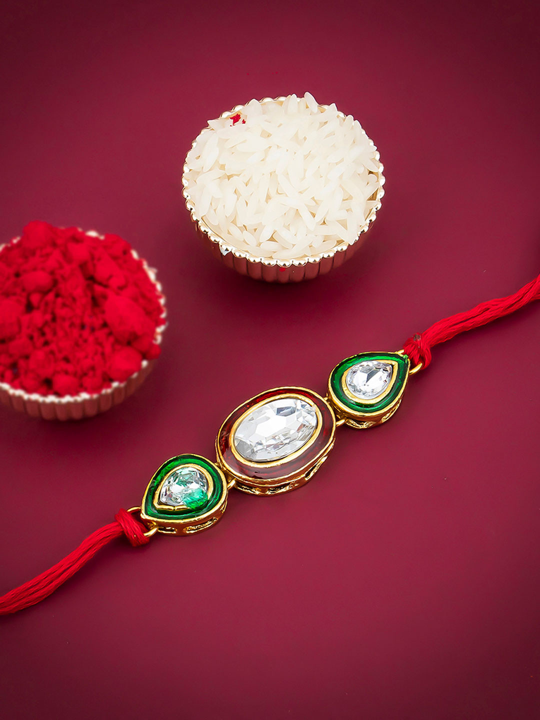 Sukkhi Rakhi Men Gold-Plated Red & White Stone-Studded Meenakari Rakhi With Roli Chawal & Raksha Bandhan Greeting Card