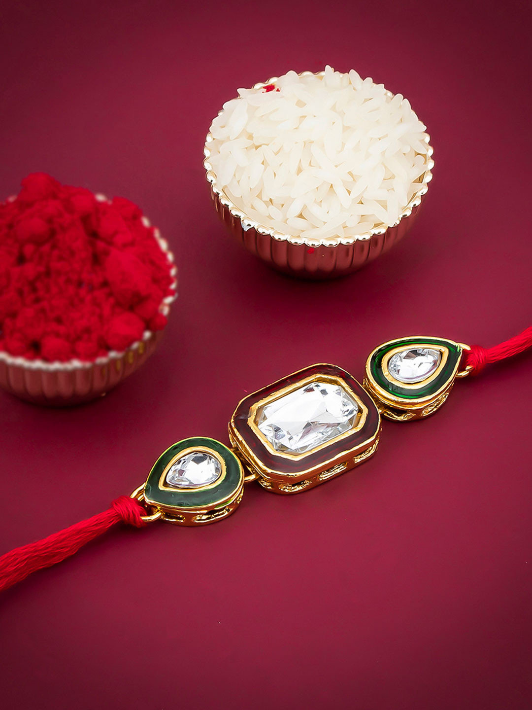 Sukkhi Rakhi Men Gold Plated Red Rakhi With Roli Chawal And Raksha Bandhan Greeting Card