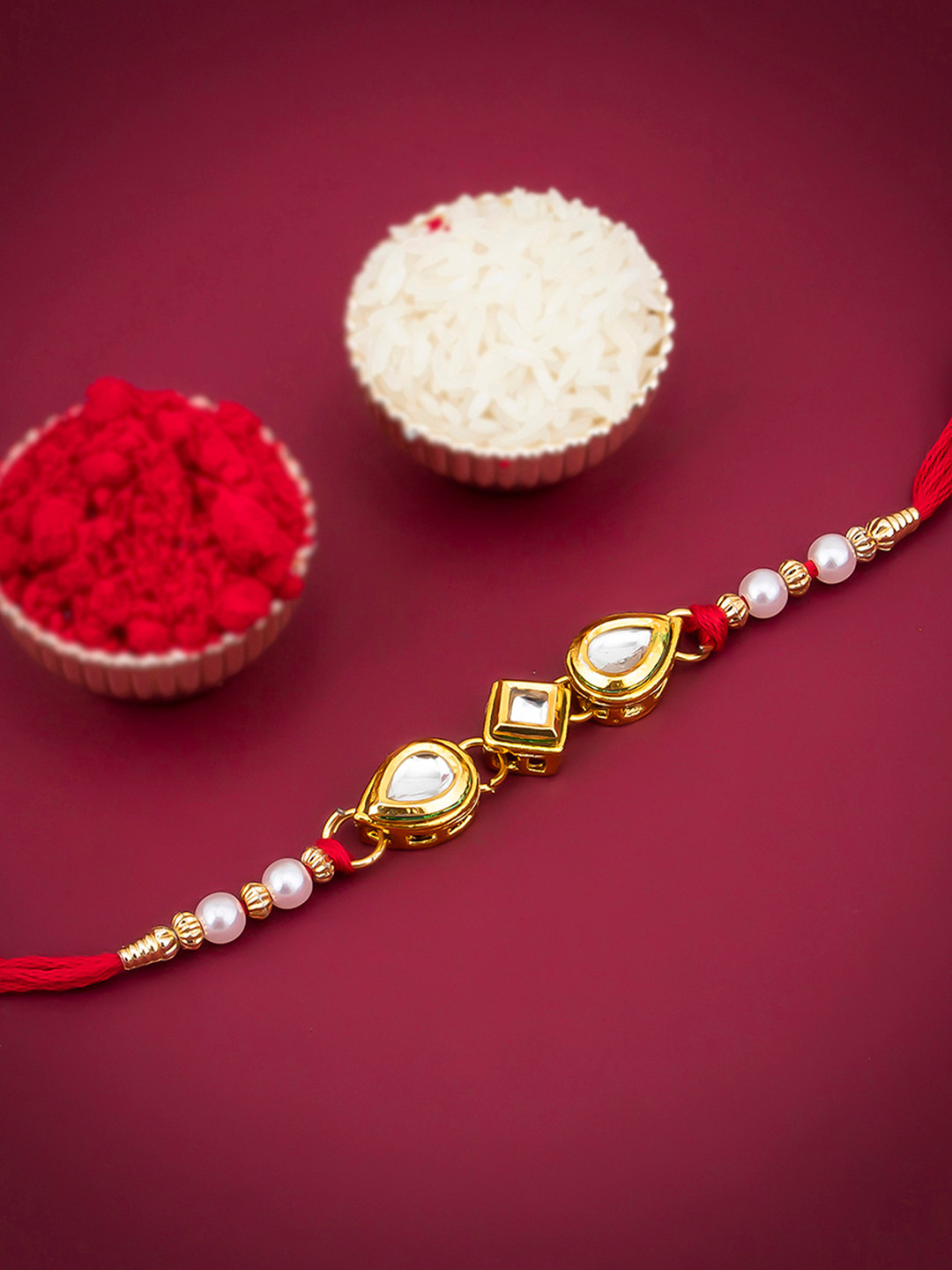 Sukkhi Rakhi Men Gold-Plated & Red Rakhi With Roli Chawal And Raksha Bandhan Greeting Card
