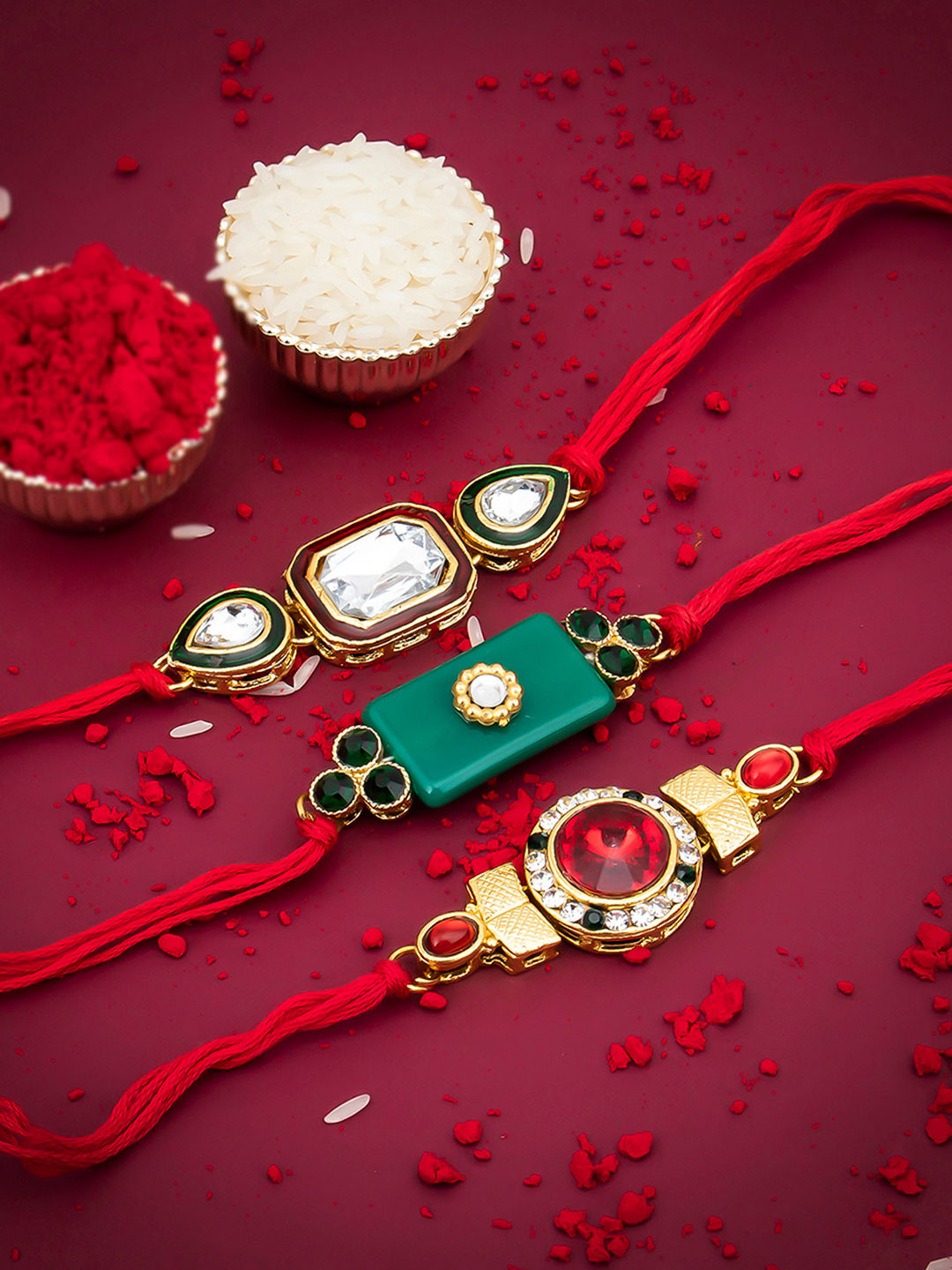 Sukkhi Rakhi Men Set Of 3 Gold-Plated & Red Stone-Studded & Beaded Rakhi With Roli Chawal & Raksha Bandhan Greeting Card