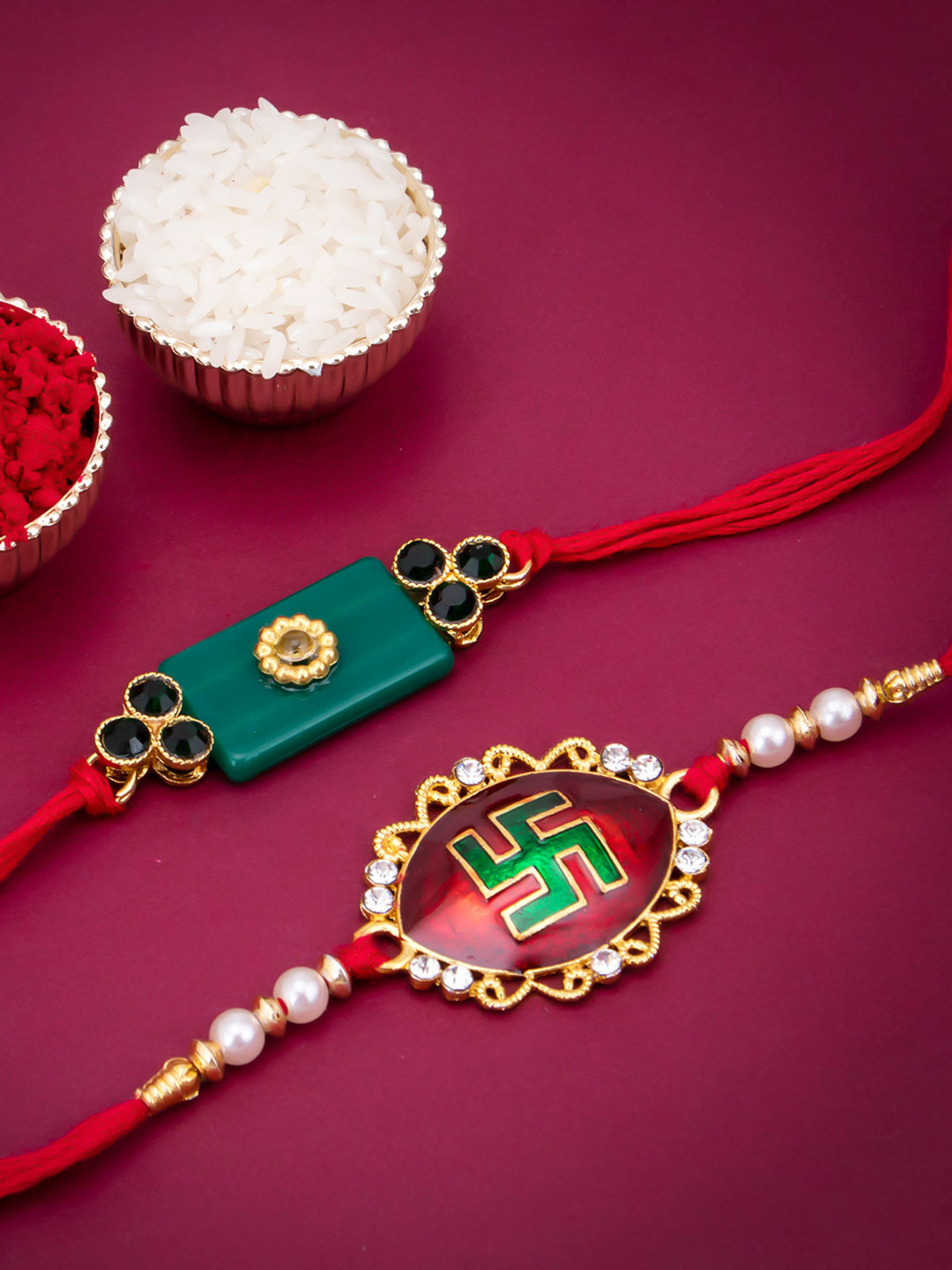 Sukkhi Rakhi Men Set Of 2 Gold-Plated Stone-Studded & Beaded Rakhis With Roli Chawal & Raksha Bandhan Greeting Card