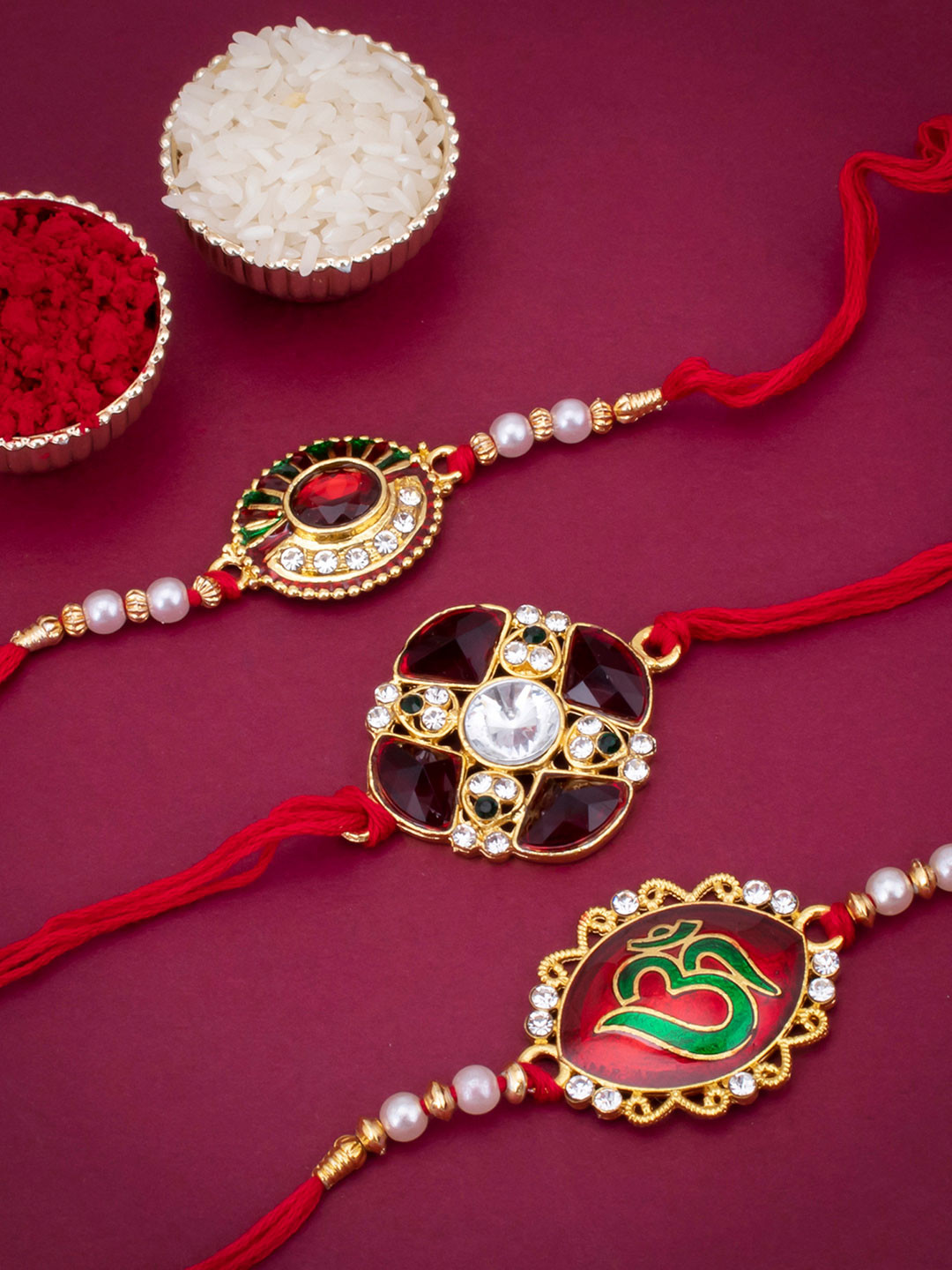 Sukkhi Rakhi Men Set Of 3 Gold-Plated Stone-Studded & Beaded Rakhis With Roli Chawal & Raksha Bandhan Greeting Card
