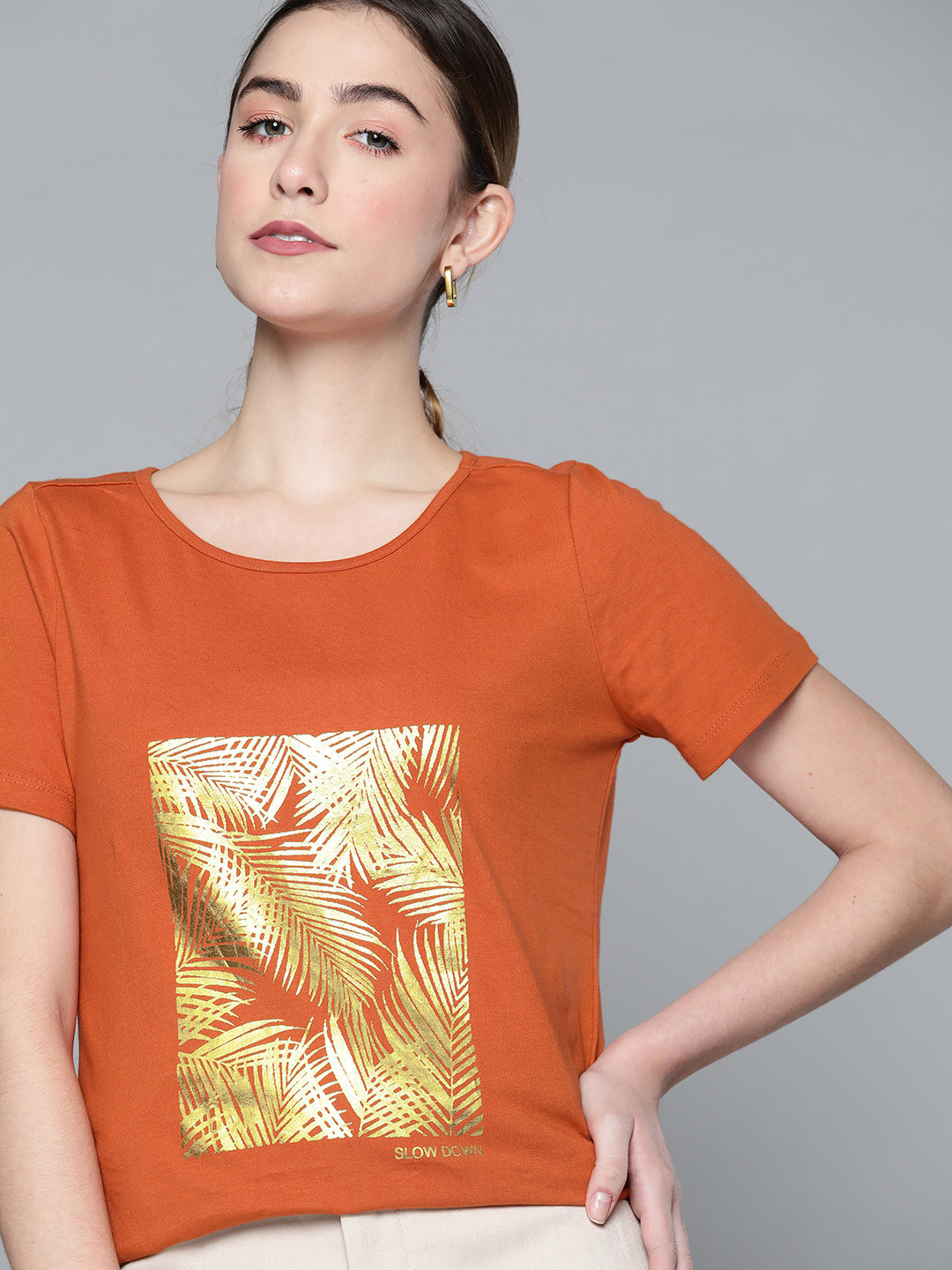 Chemistry Women Rust Orange & Golden Tropical Print Pure Cotton T-shirt