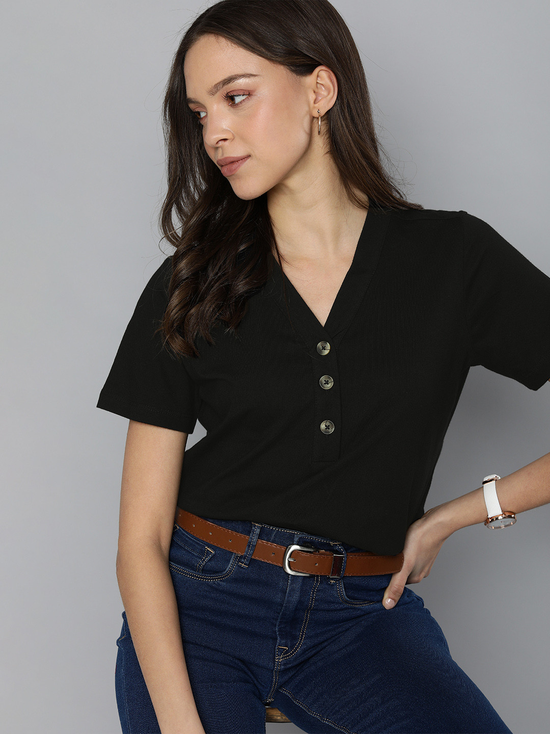 Chemistry Black Button Detailed  Pure Cotton Top