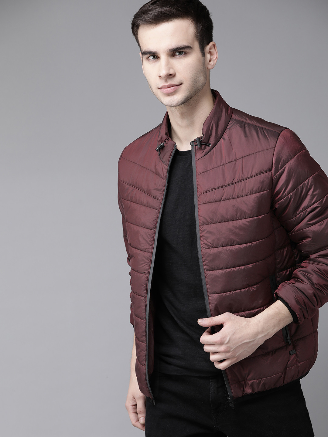 Roadster Men Burgundy Solid Padded Jacket
