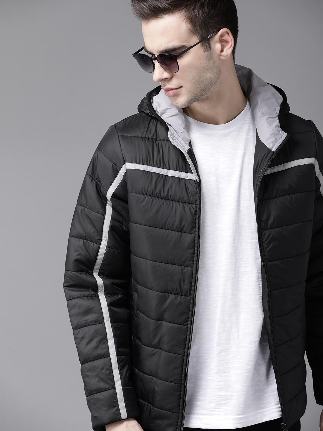 Roadster Men Black Hooded Solid Padded Jacket