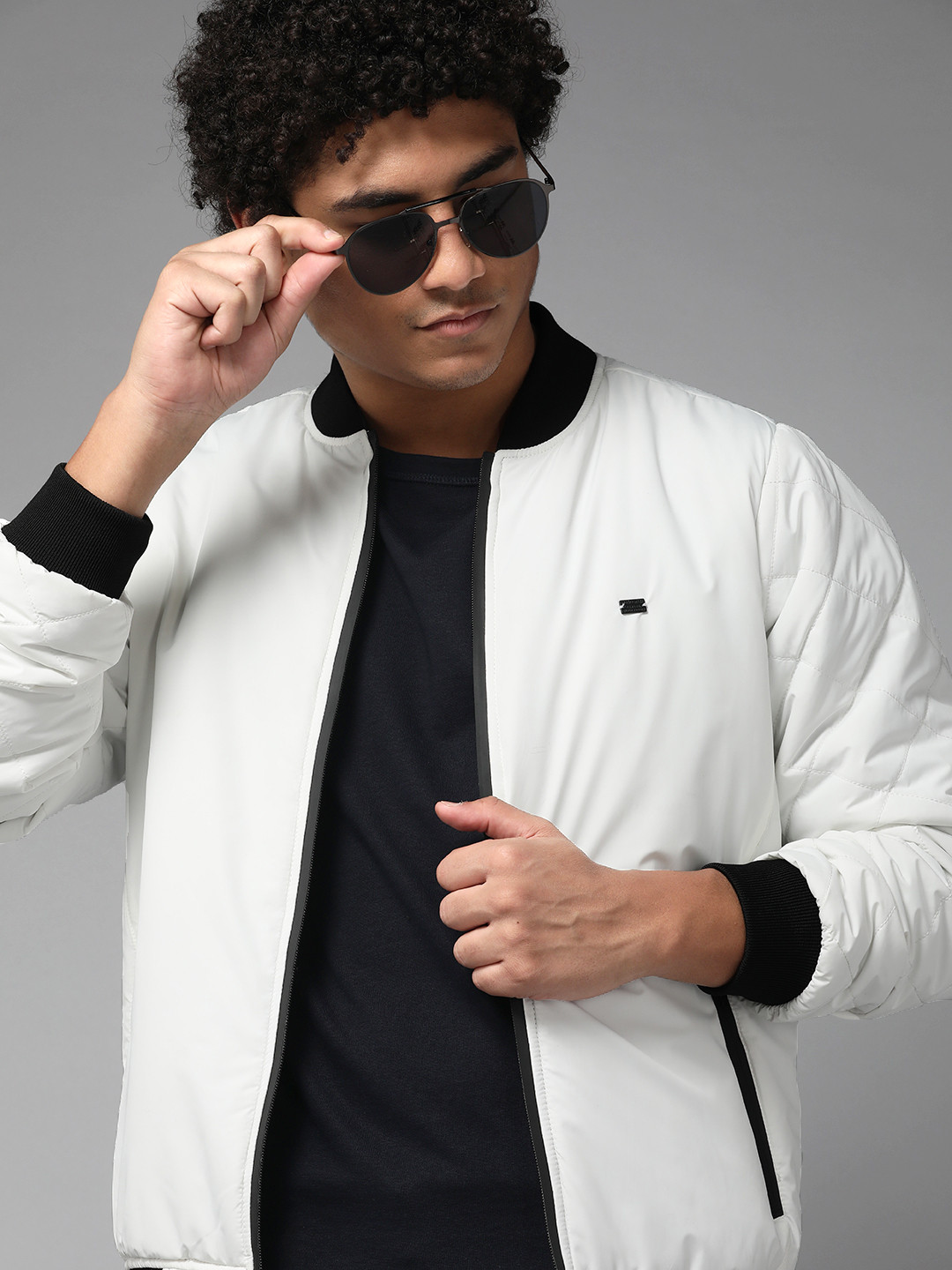 The Roadster Lifestyle Co. Men White Solid Stand Collar Bomber Jacket