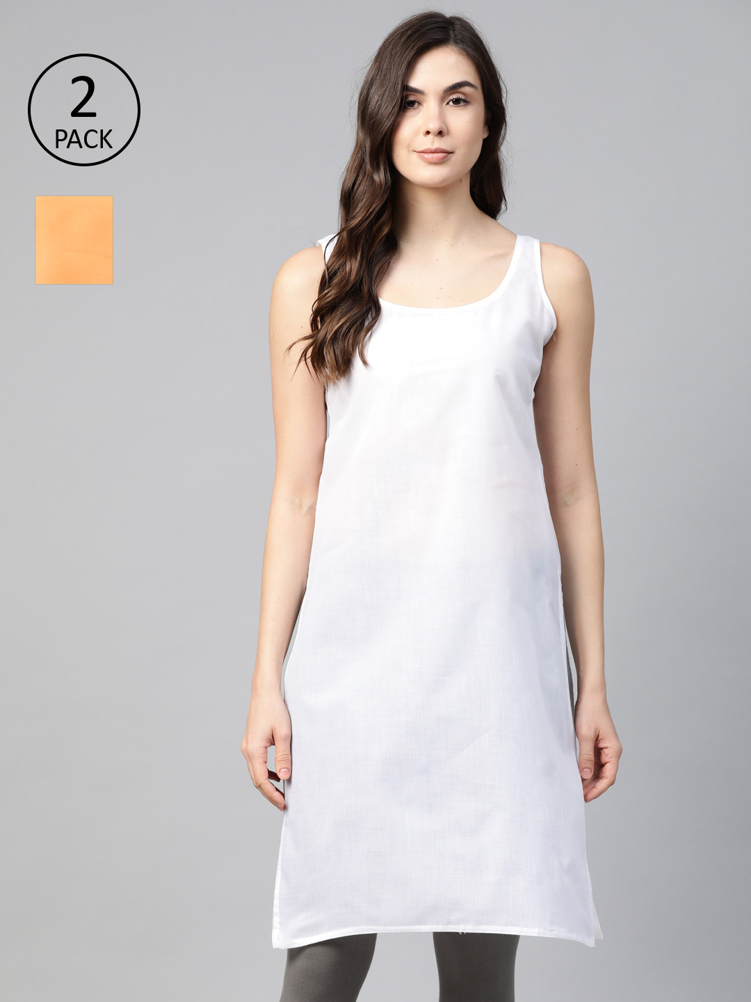 ADA Women White and Orange Pack of 2 Cotton Solid Handloom Slips