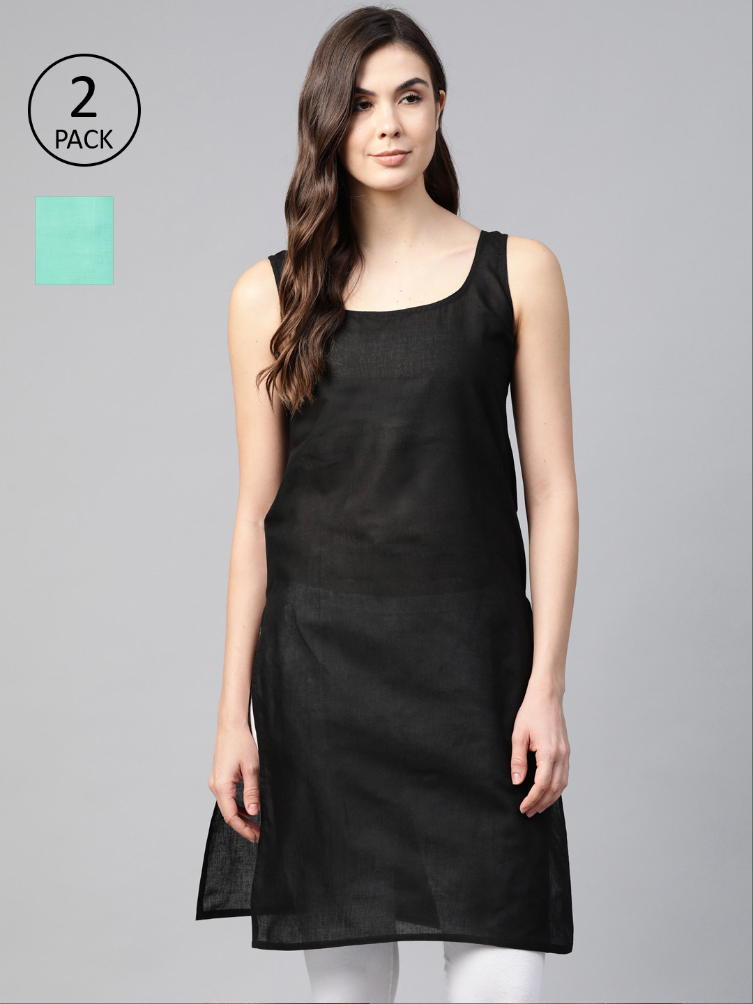ADA Women Black and Turquoise Blue Pack of 2 Cotton Solid Handloom Slips