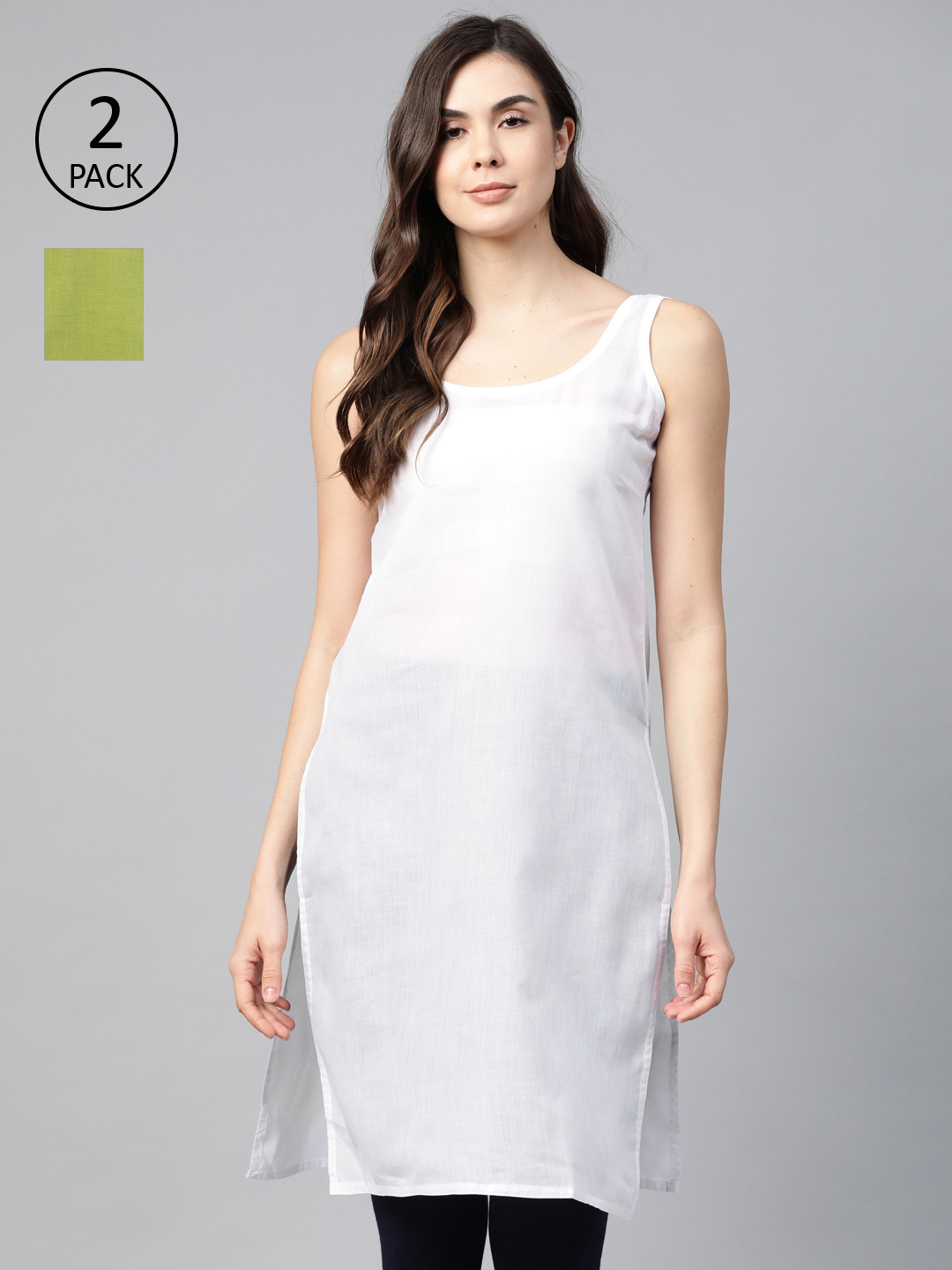 ADA Women White and Mehndi Green Pack of 2 Cotton Solid Handloom Slips