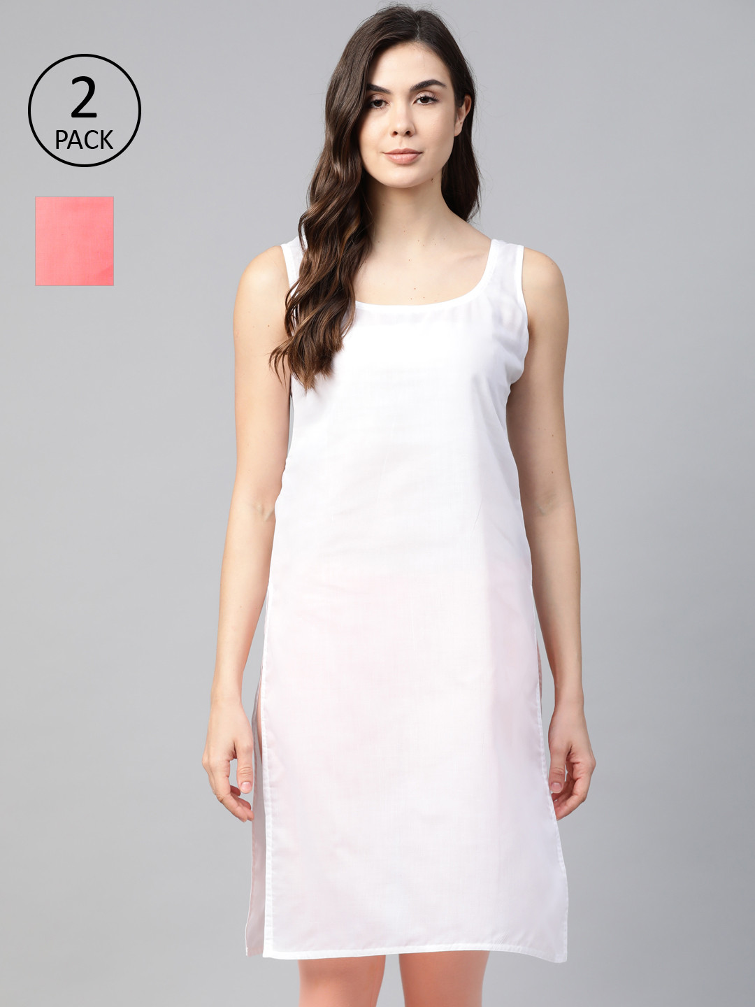 ADA Women White and Carrot Pink Pack of 2 Cotton Solid Handloom Slips