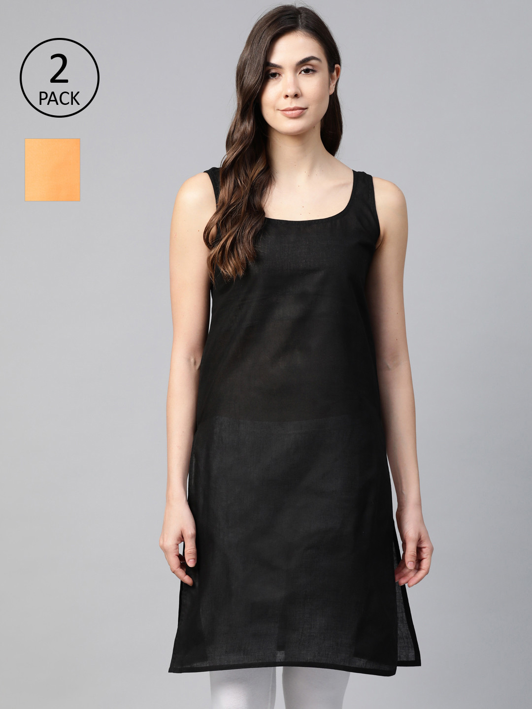 ADA Women Black and Orange Pack of 2 Cotton Solid Handloom Slips