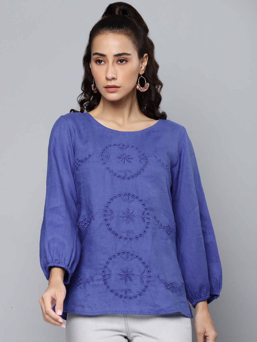 SCOUP Blue Schiffli Embroidered Cotton Linen Regular Top