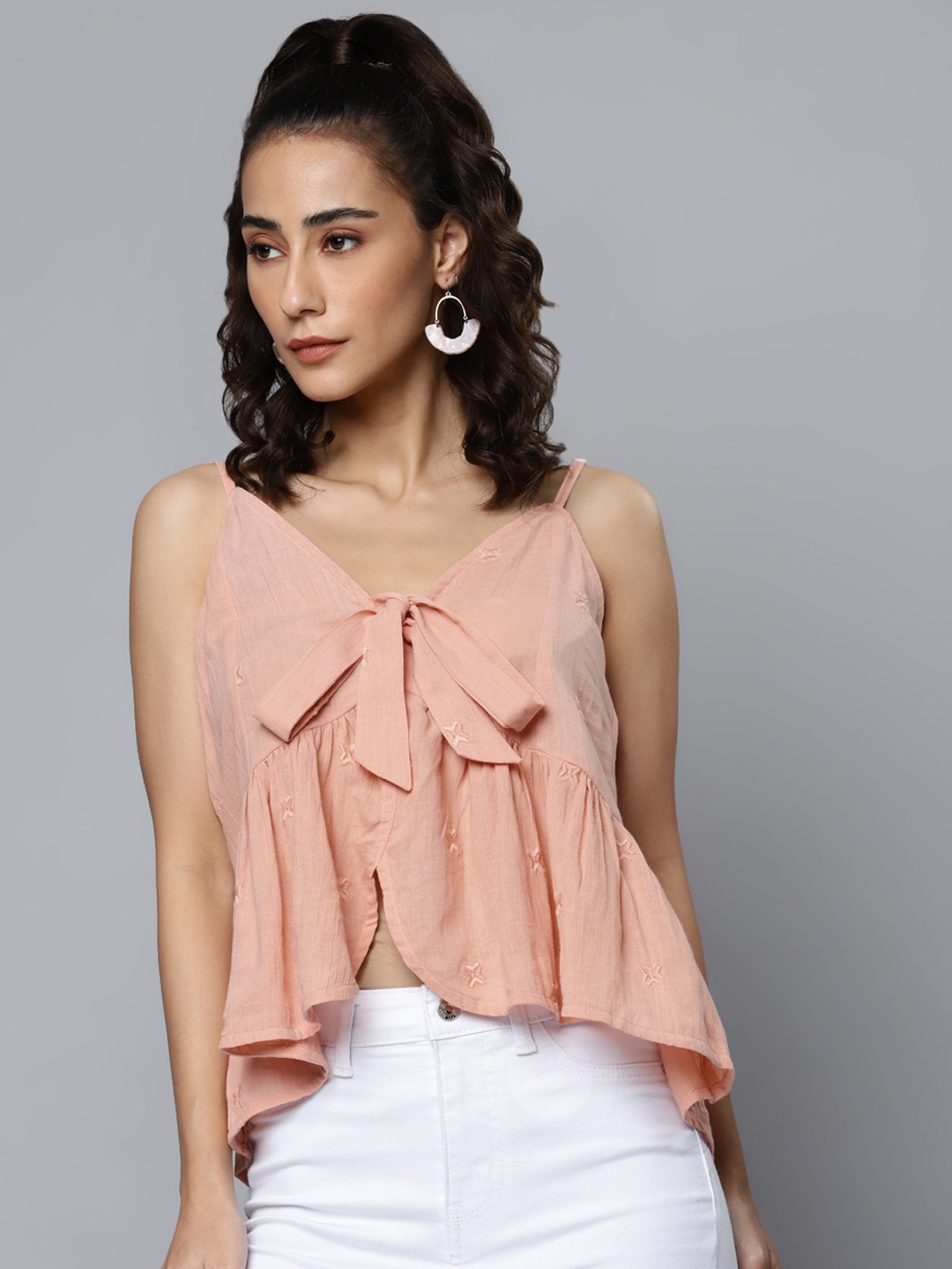 SCOUP Peach-Coloured Pure Cotton Embroidered Empire Top