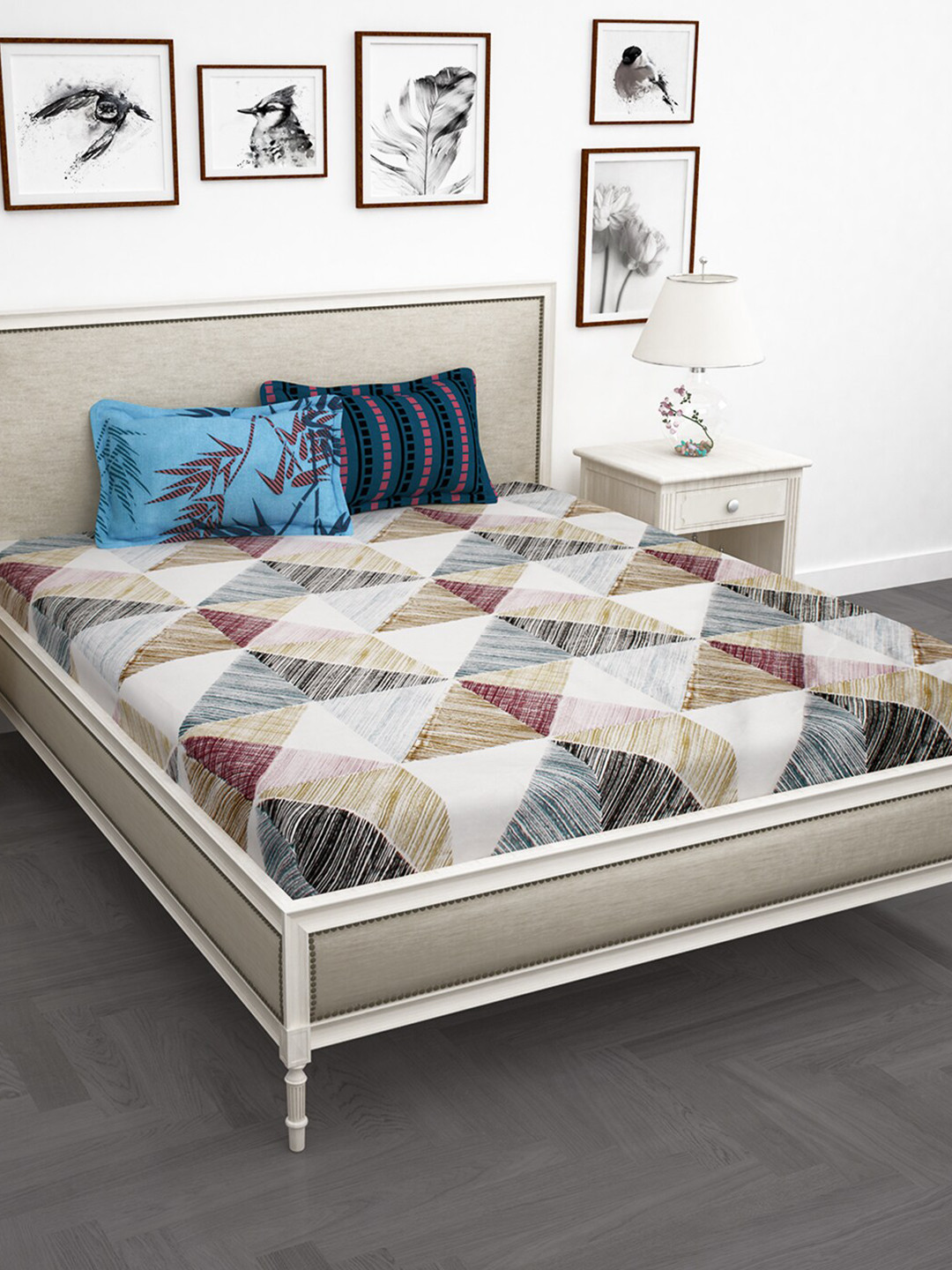 Story@home Cream Abstract Cotton 210 TC Fitted King Fine Bedsheet with 2 Pillow Covers-270 x 270 cm