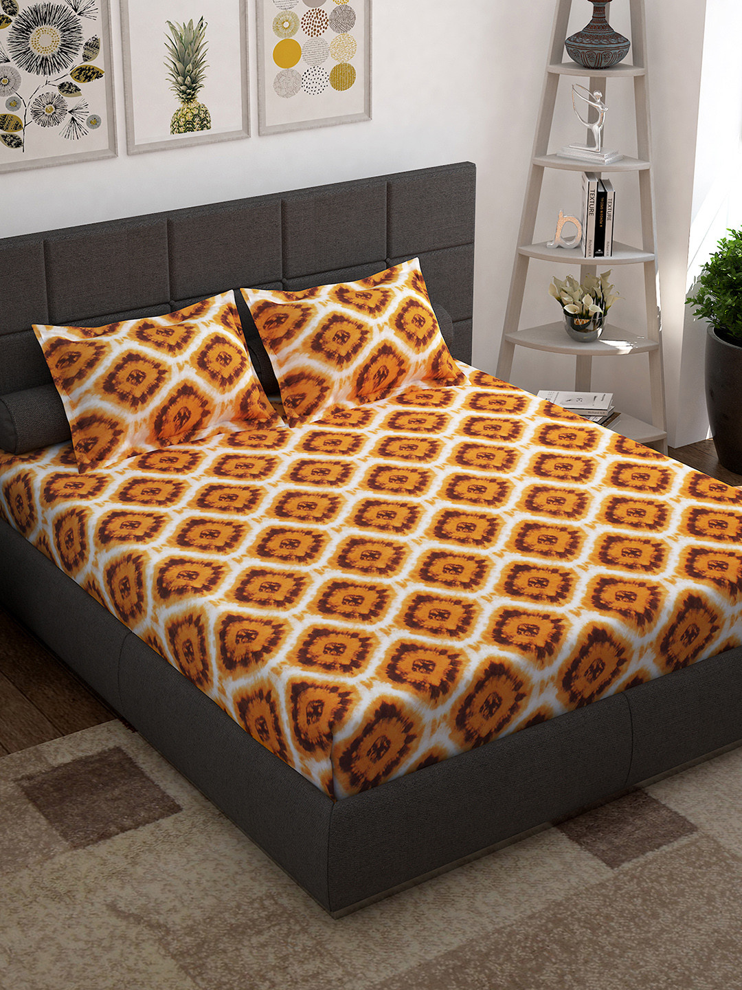 Story@home Unisex Yellow Geometric Cotton 144 TC 1 King Size Bedsheet with 2 Pillow Covers