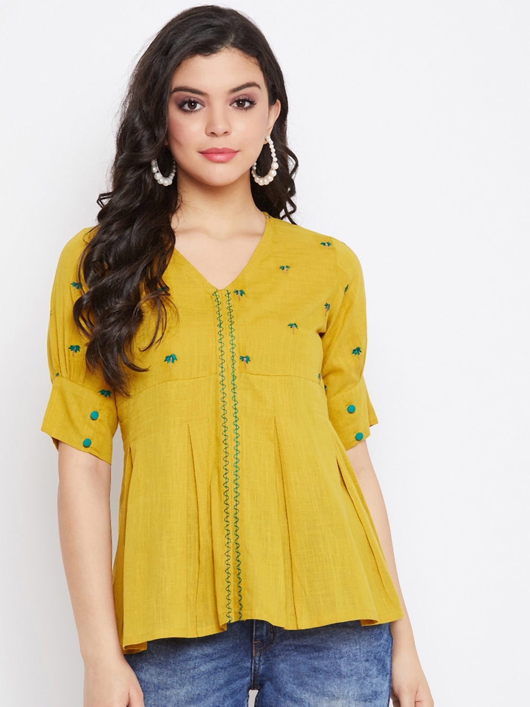 WineRed Mustard & Blue Embroidered A Line Top - Tops for Women 14376022 | Myntra