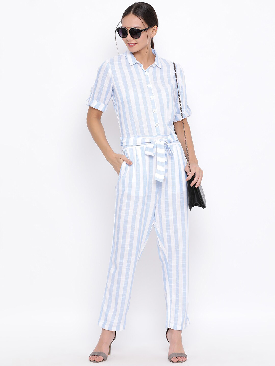 Crimsoune Club White & Blue Striped Cotton Basic Jumpsuit