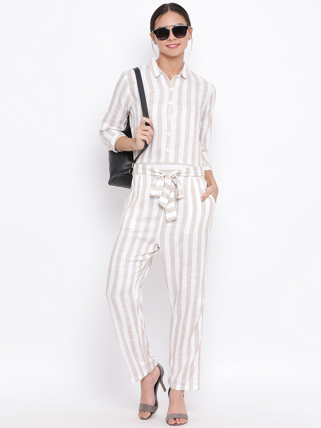 Crimsoune Club White & Grey Striped Cotton Basic Jumpsuit