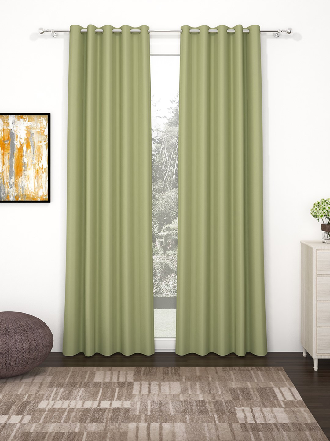 Story@Home Faux Silk Solid Solid 300GSM Light Green Room Darkening Blackout Long Door Curtain - Set of 2