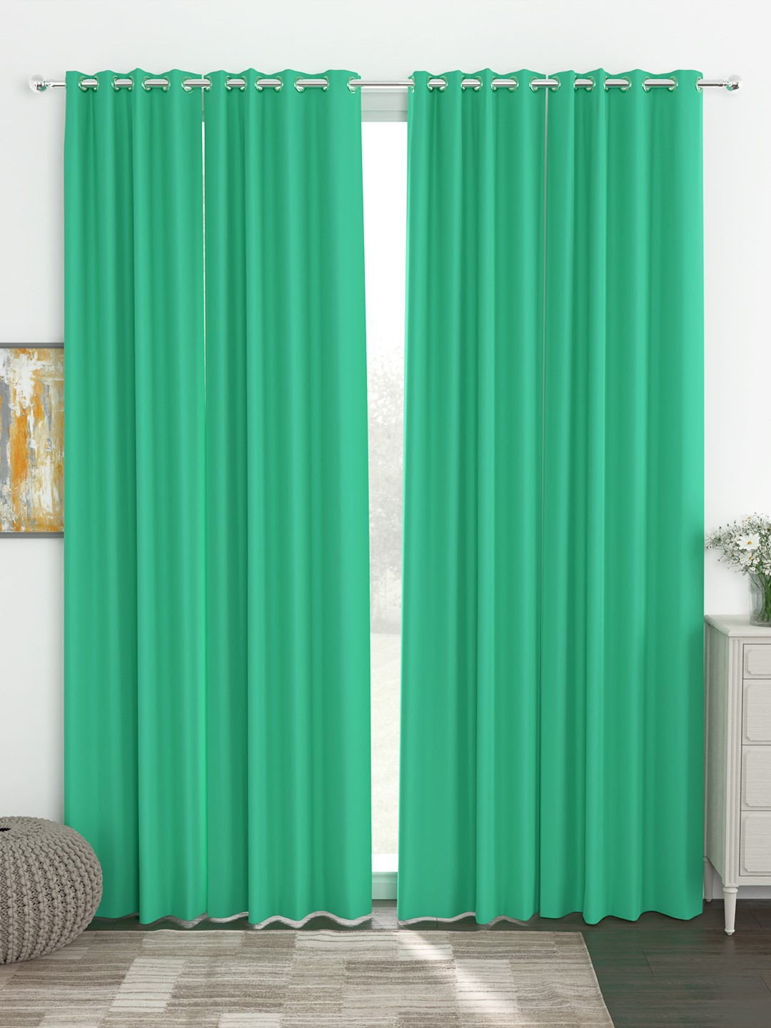 Story@Home Faux Silk Solid Solid 300GSM Teal Room Darkening Blackout Long Door Curtain - Set Of 4