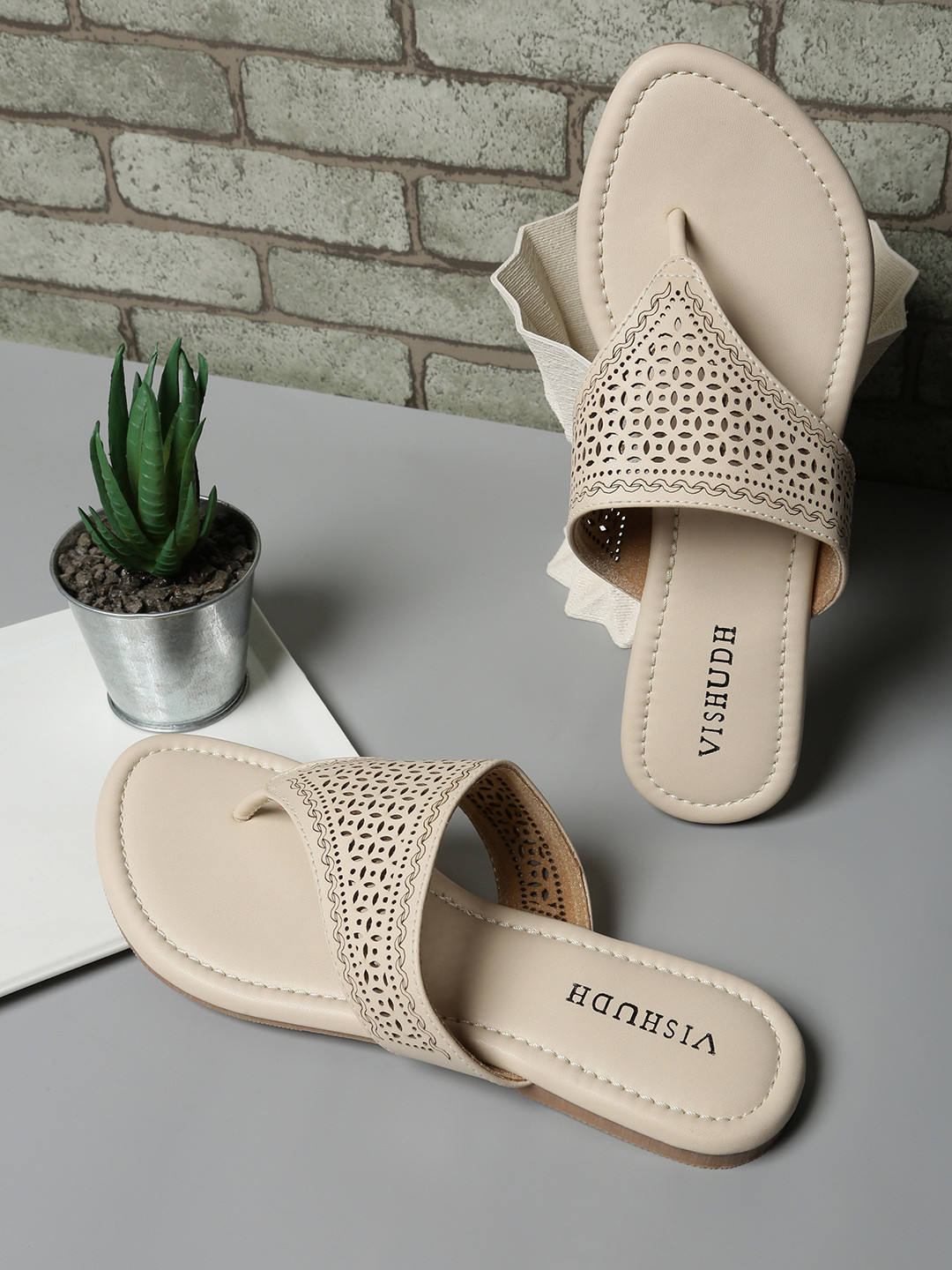 Vishudh Women Beige Open Toe Flats with Laser Cuts