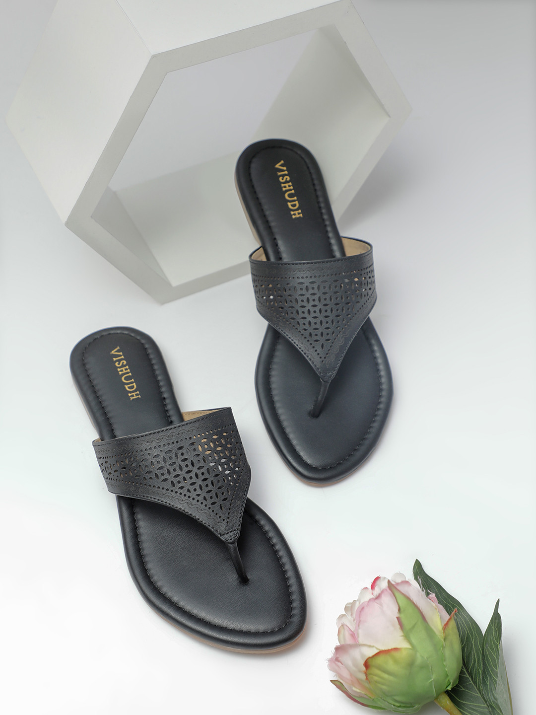 Vishudh Women Black Textured T-Strap Flats with Laser Cuts
