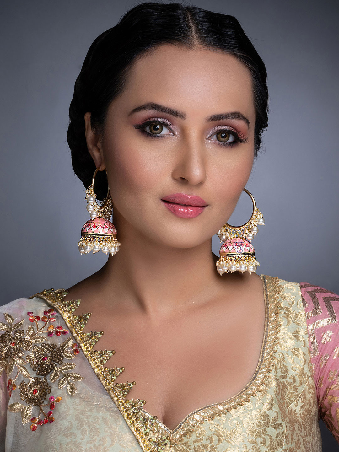 Sukkhi Pink Gold-Plated Meenakari Handcrafted Dome Shaped Jhumkas