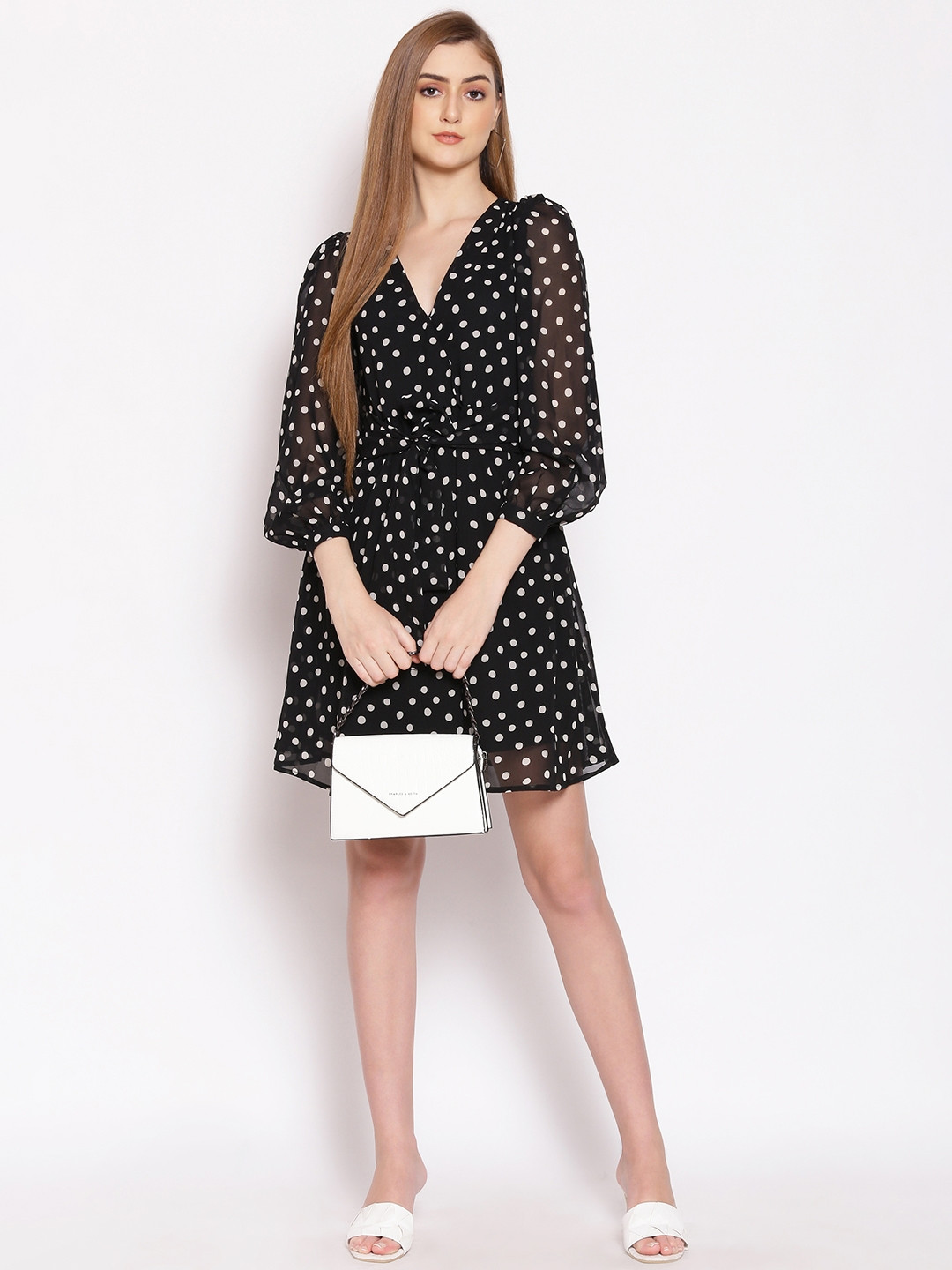 Oxolloxo Retro Vibe Women'S Polka Dots Printed V-Neck Puff Sleeves Fit & Flare Dress