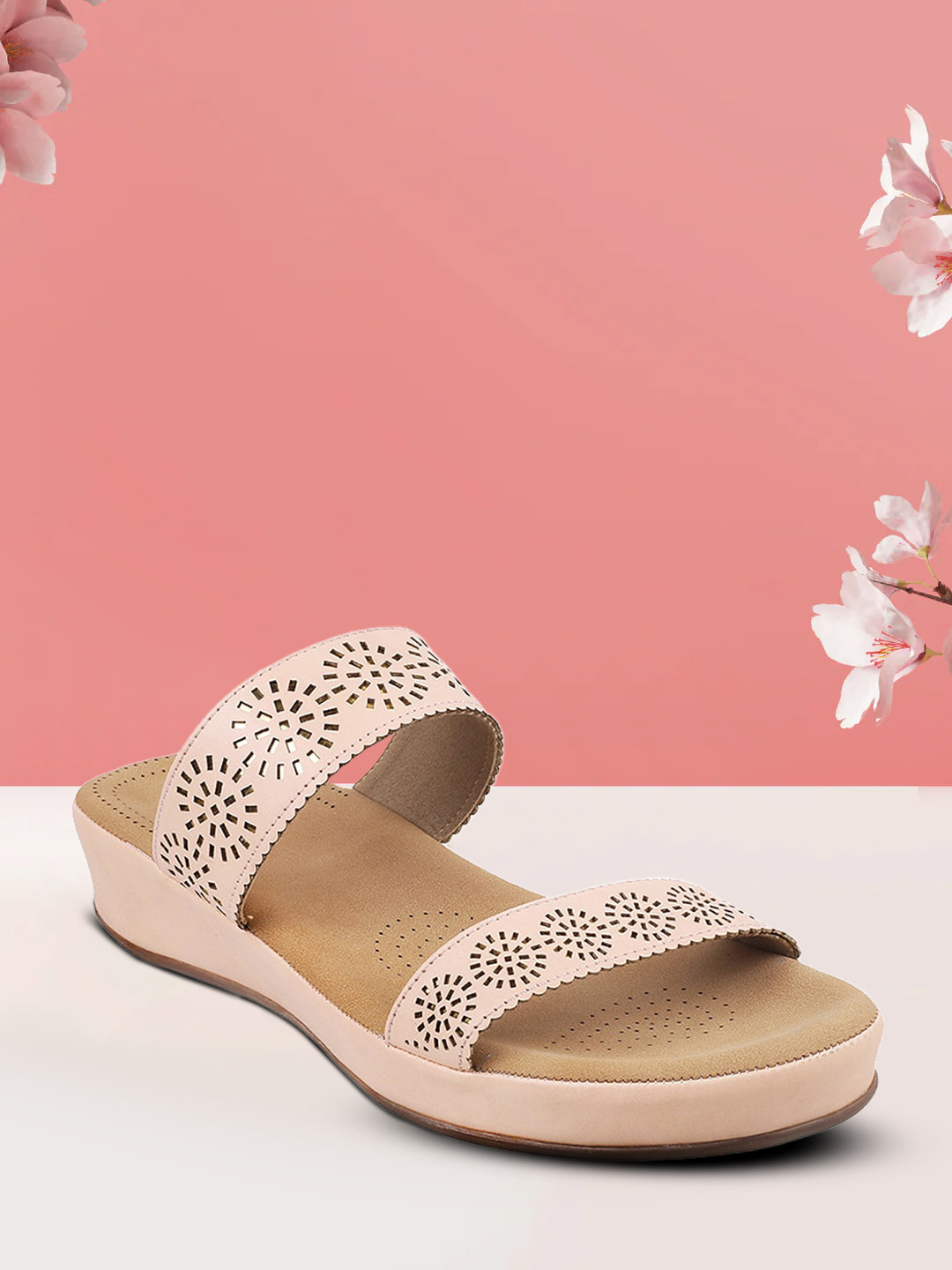 Mochi Women Beige Wedge Sandals with Laser Cuts