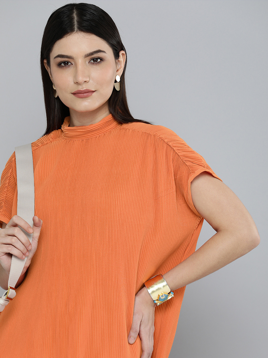 Chemistry Orange Pleated Detail Extended Sleeves Boxy Top