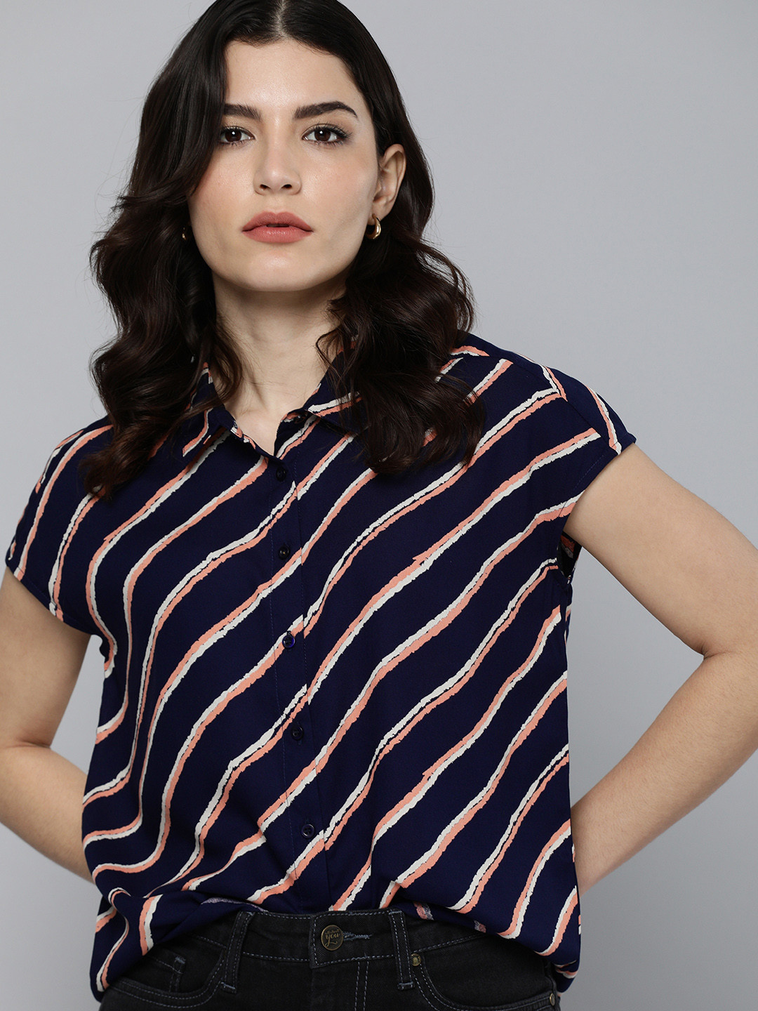 Chemistry Women Navy Blue Striped Casual Shirt