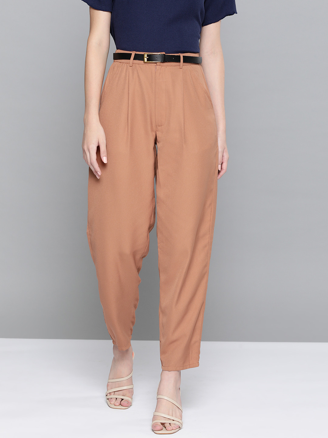 Chemistry Women Brown Pleated Formal Trousers & Belt