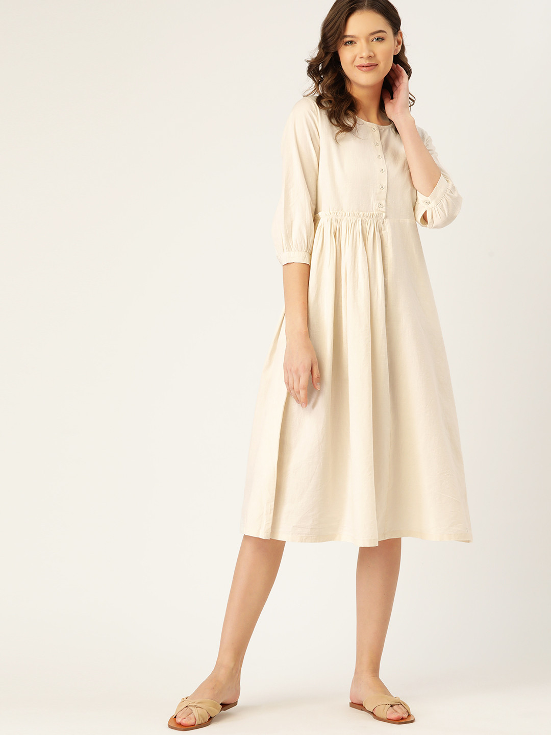 ether Off White A-Line Solid Dress