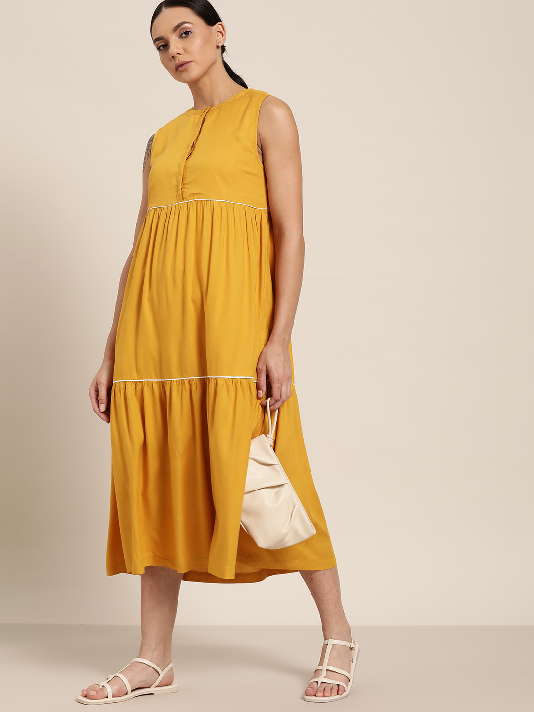 ether Mustard Yellow A-Line Midi Tiered Dress