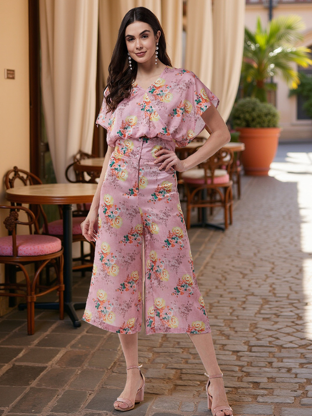 Zima Leto Women Pink & Green Printed Top with Palazzos