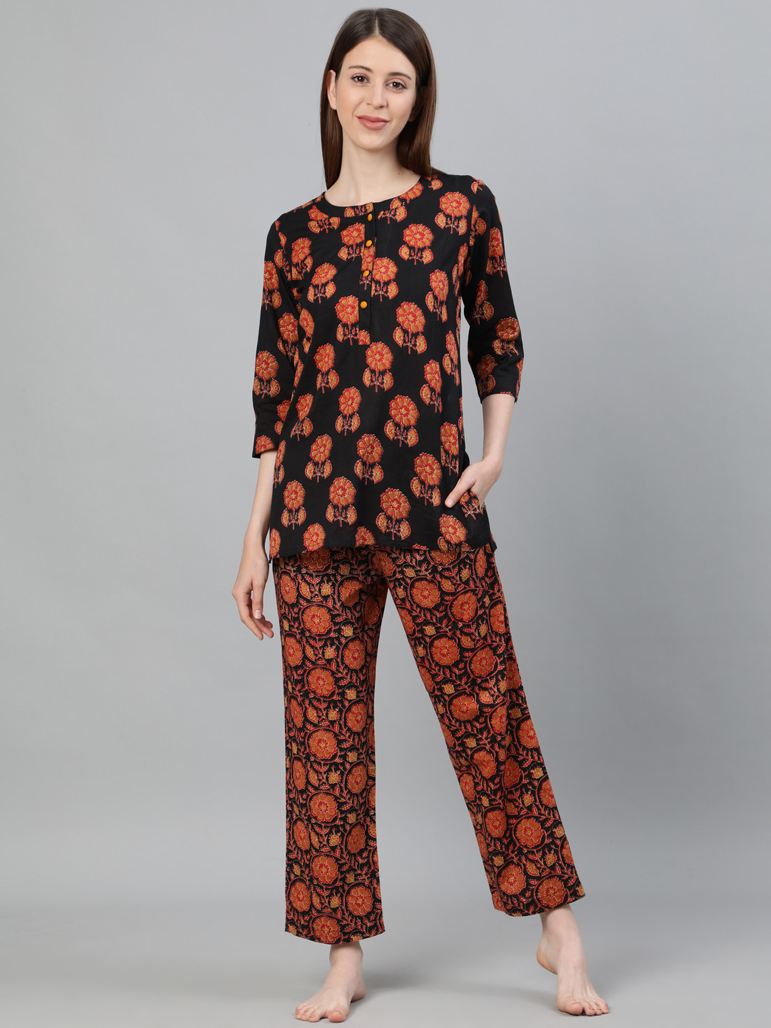 Jaipur Kurti Ethnic Print Straight Cotton Short Kurta with Pyjamas