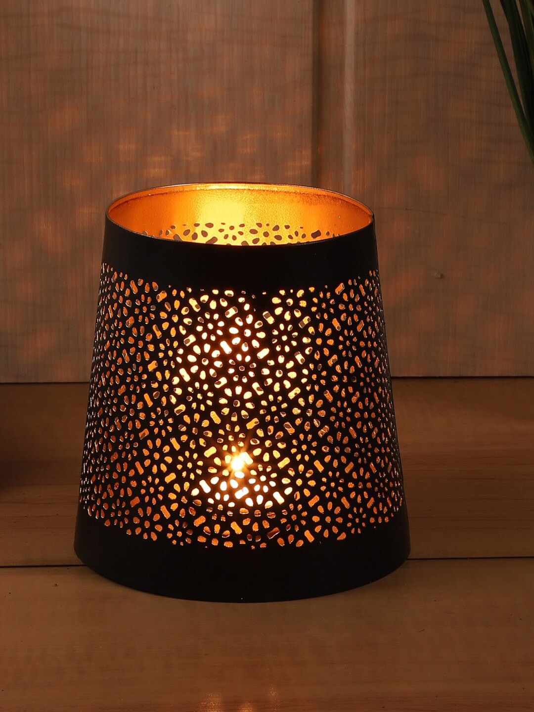 EXIM DECOR Black Solid Traditional Flower Pattern Tea Light Table Lantern