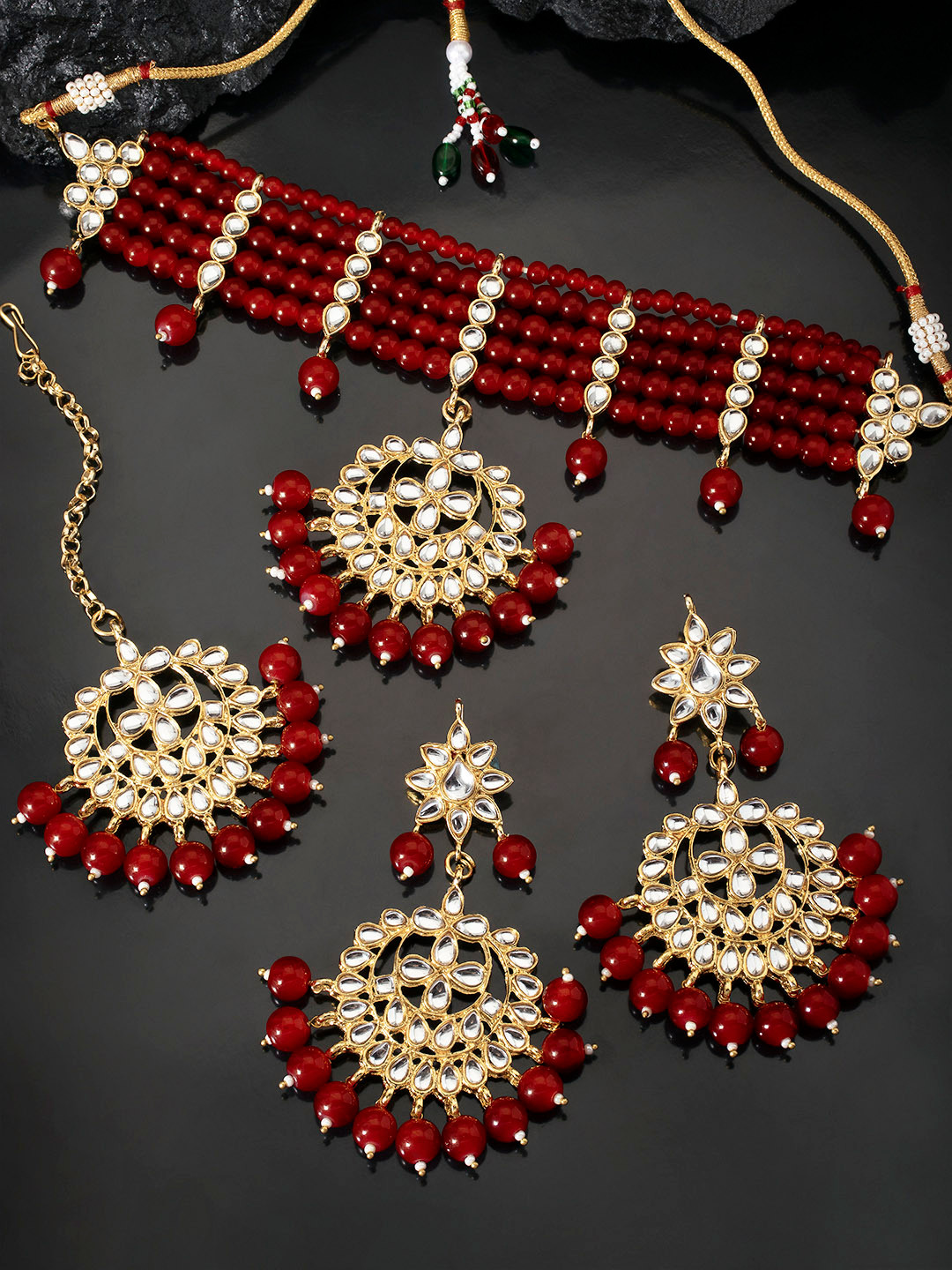 Peora Gold-Plated & Red Faux Pearl Jewellery Set with Maang Tika