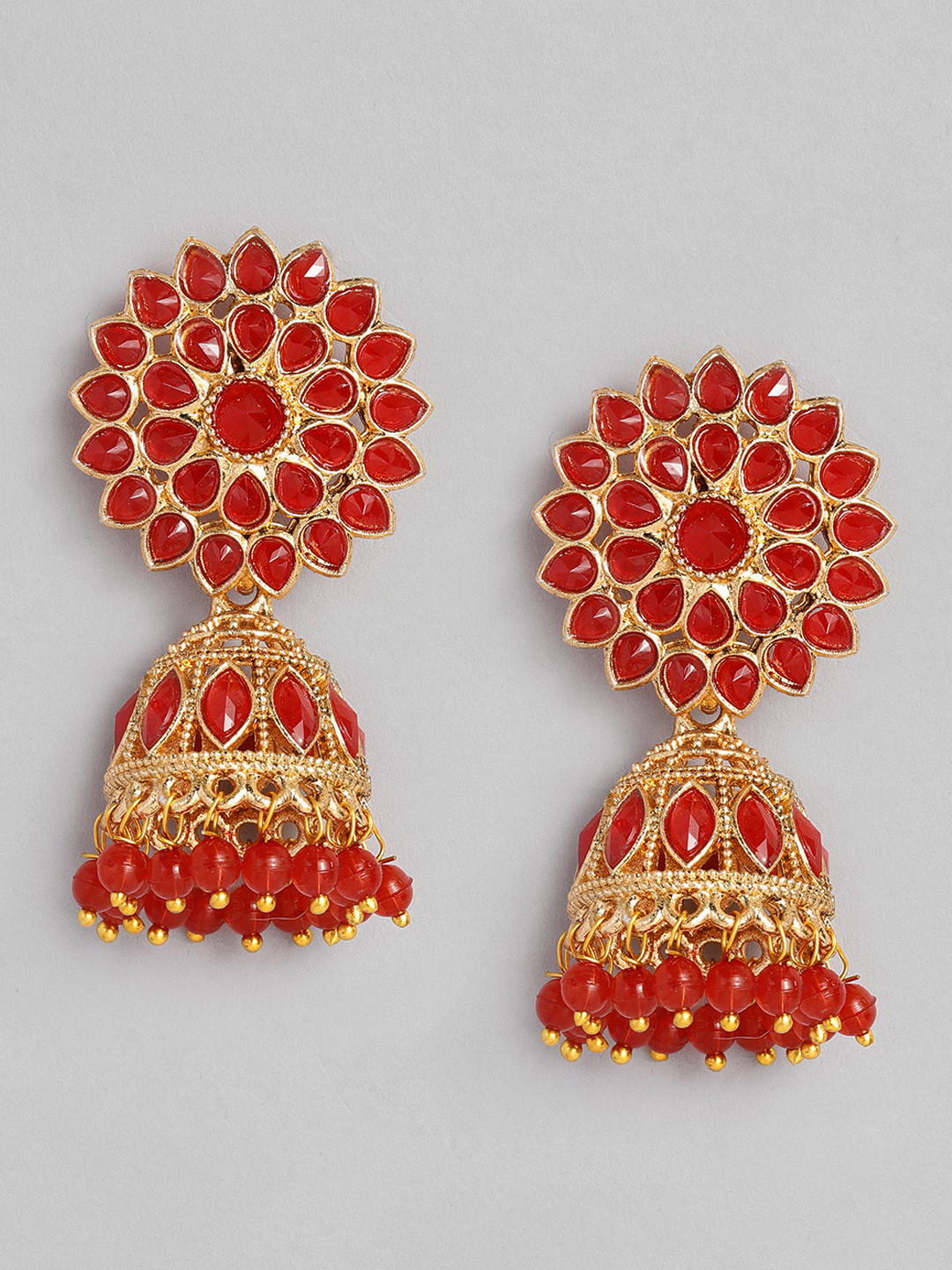Peora Red & Gold-Plated Floral Jhumkas Earrings