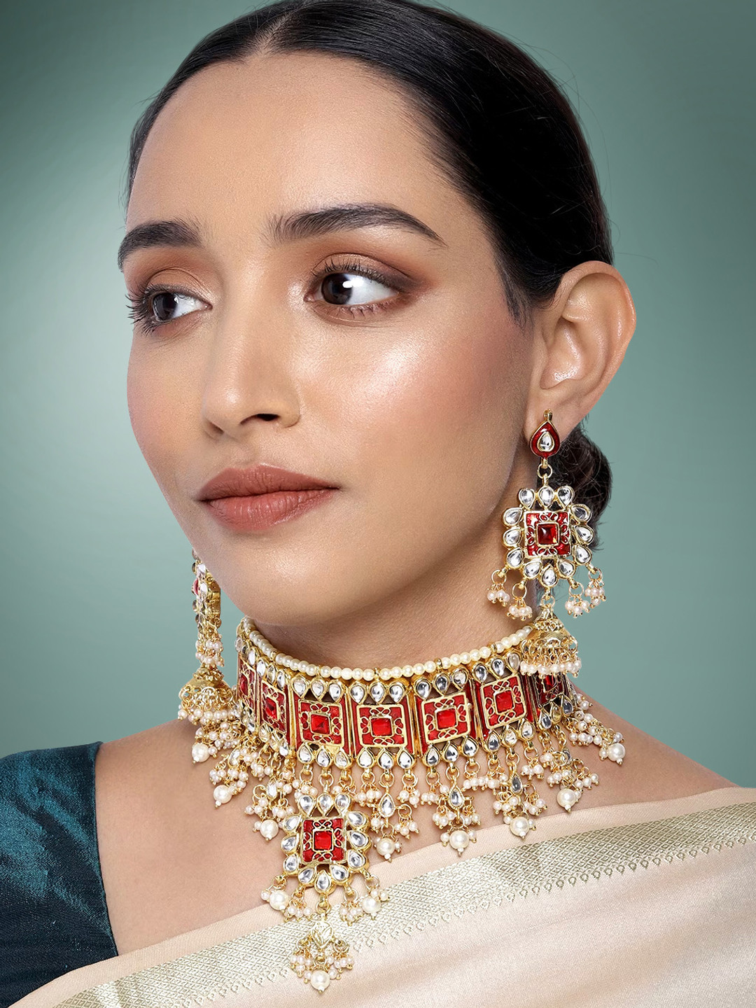 Peora Red & White Gold-Plated Handcrafted Meenakari Bridal Jewellery Set