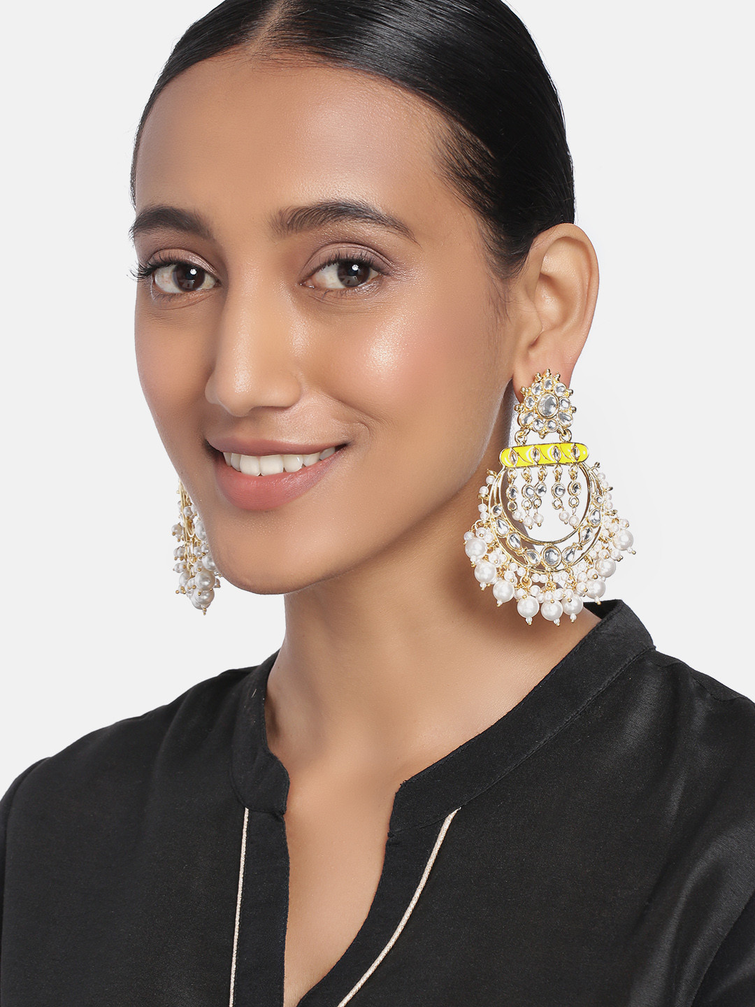 Peora Gold-Plated & Yellow Handcrafted Kundan and Pearl Studded Meenakari Chandbalis