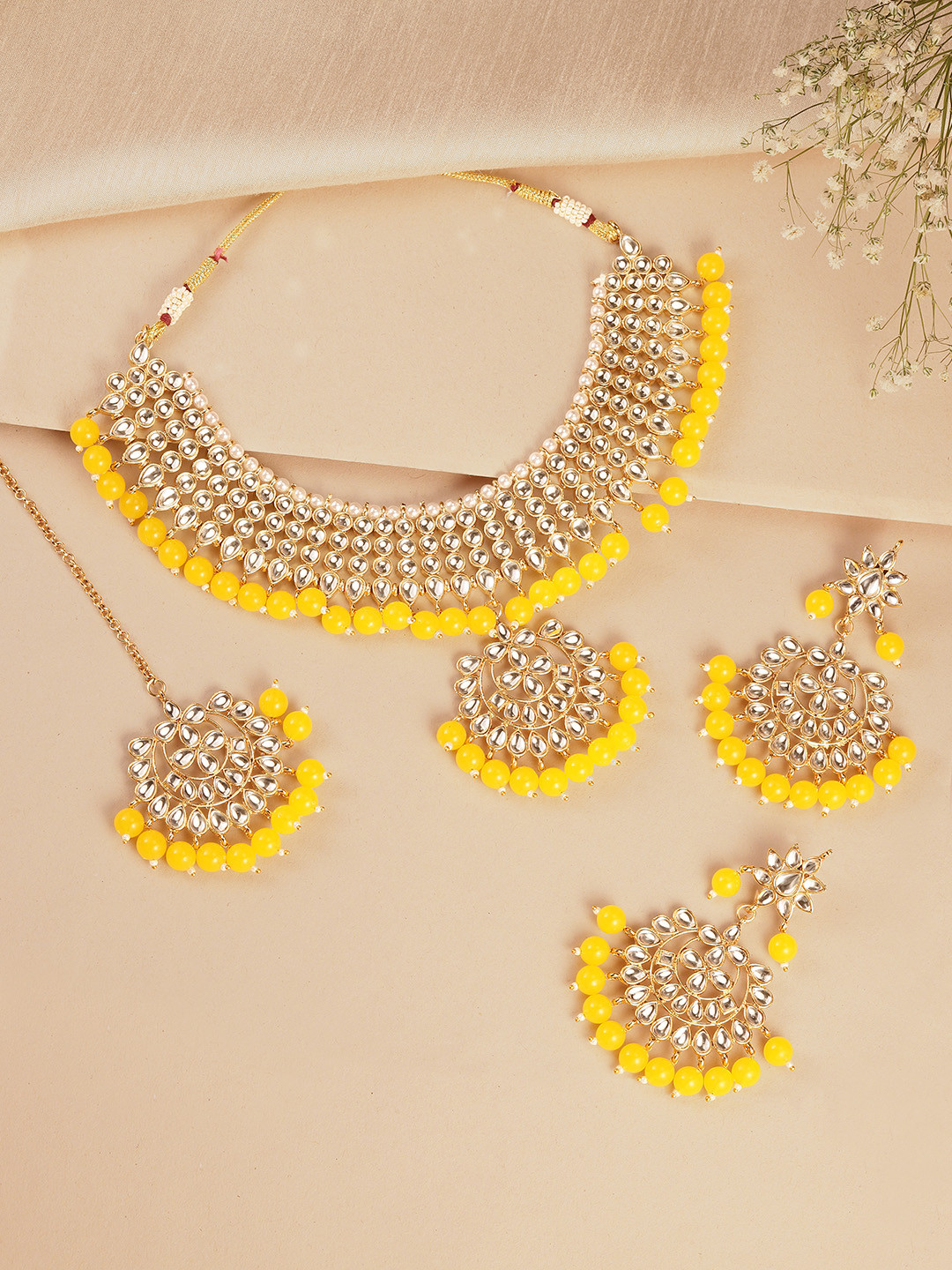 Peora Yellow & Gold-Plated Handcrafted Kundan & Pearl Studded Jewellery Set