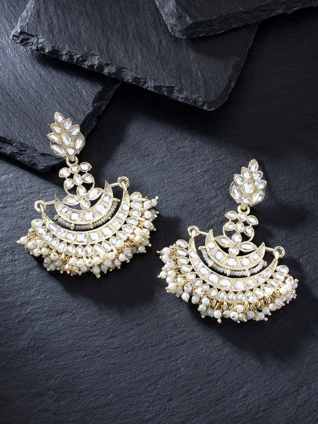 Peora White & Gold-Plated Handcrafted Kundan-Studded and Pearl-Beaded Chandbalis