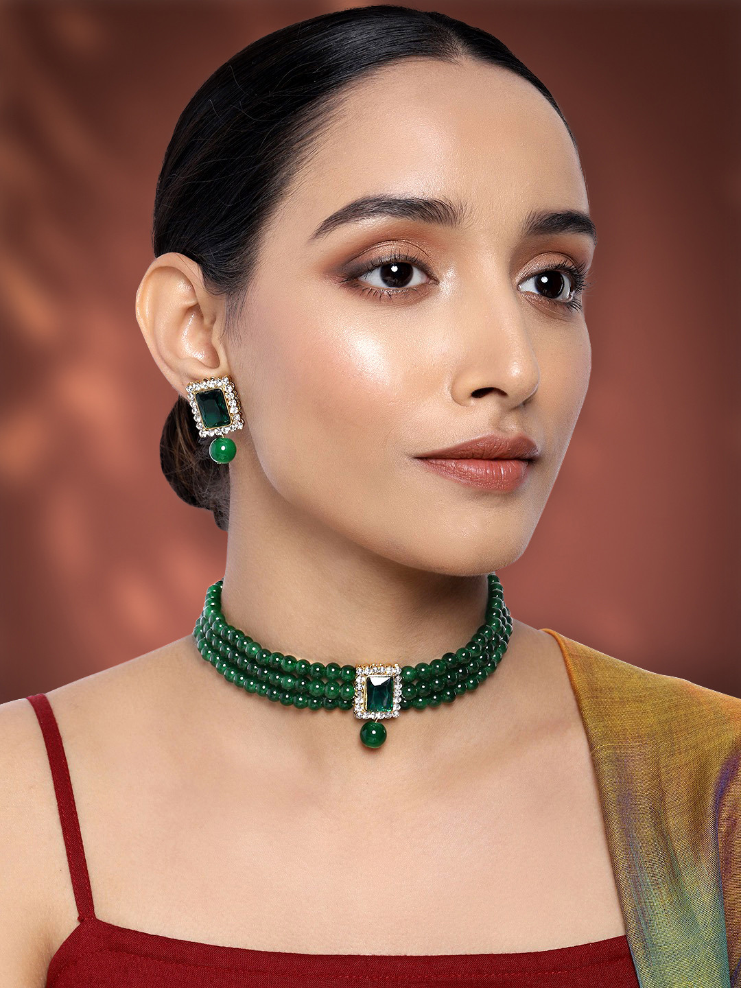 Peora Green Gold-Plated Kundan Jewellery Set